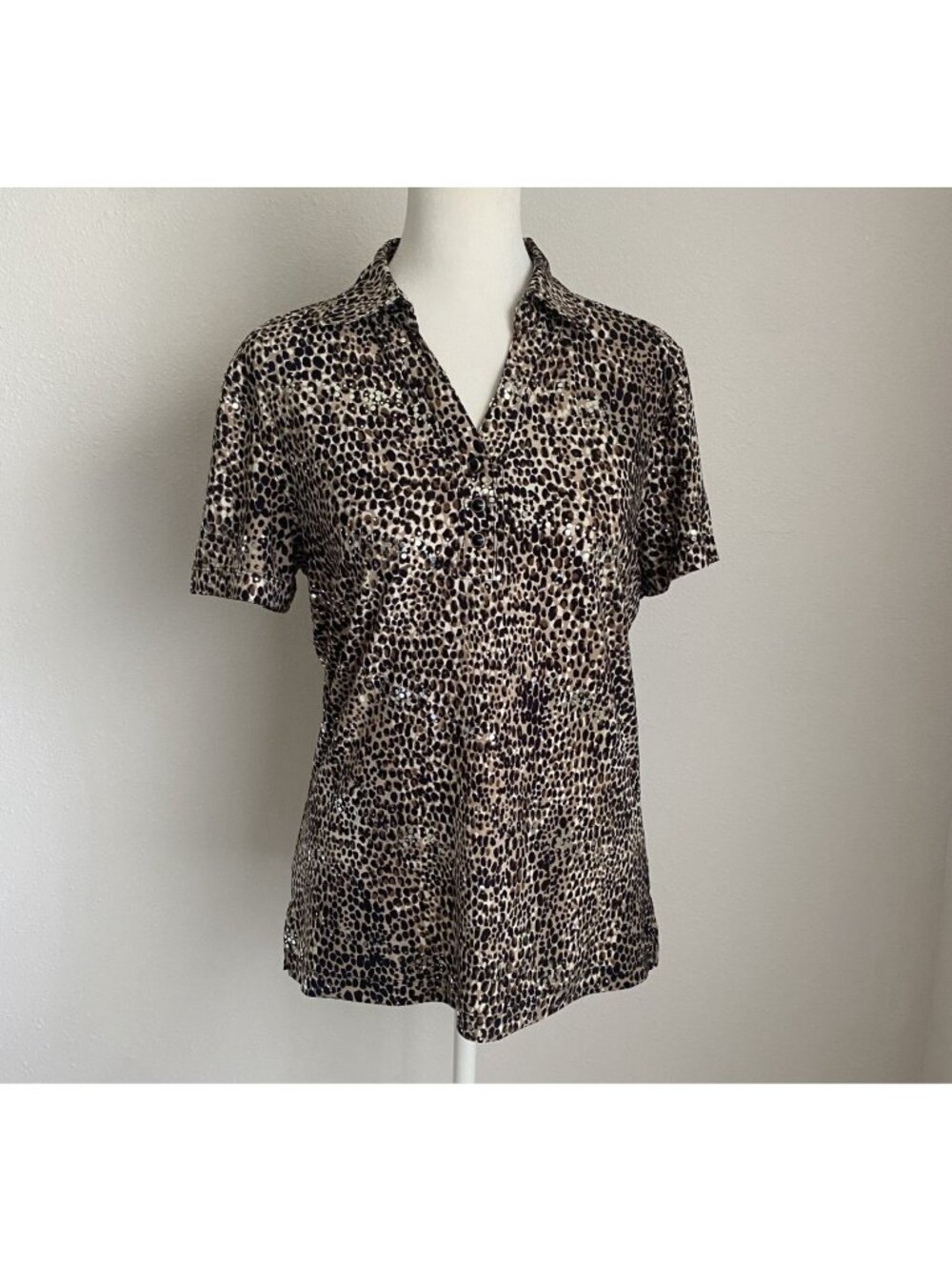 Monterey Club Womens Small Cheetah Sparkle Athletic Golf Polo Shirt